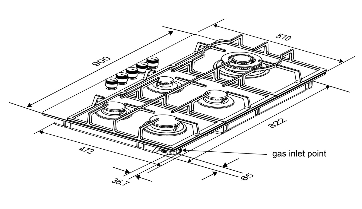 Midea 90cm Gas Cooktop | 5 Burner | Black Glass